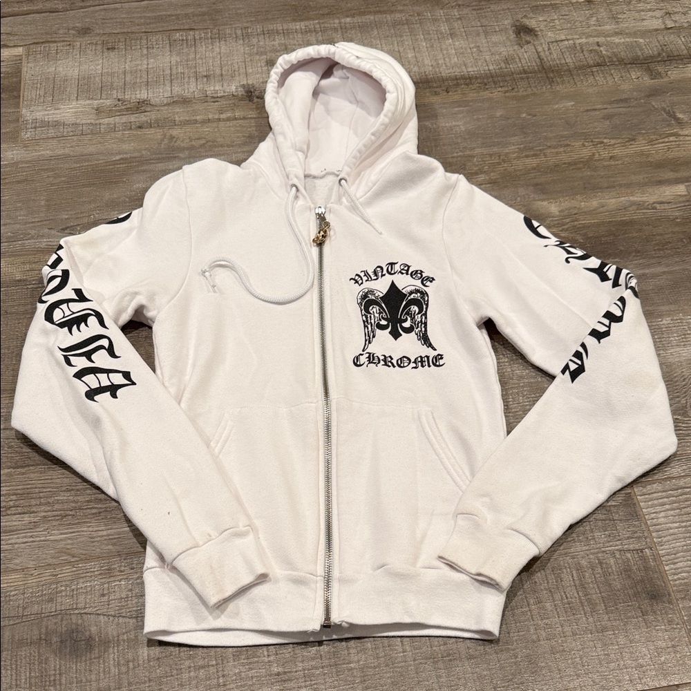 White Zip-Up Hoodie with Black Graphics